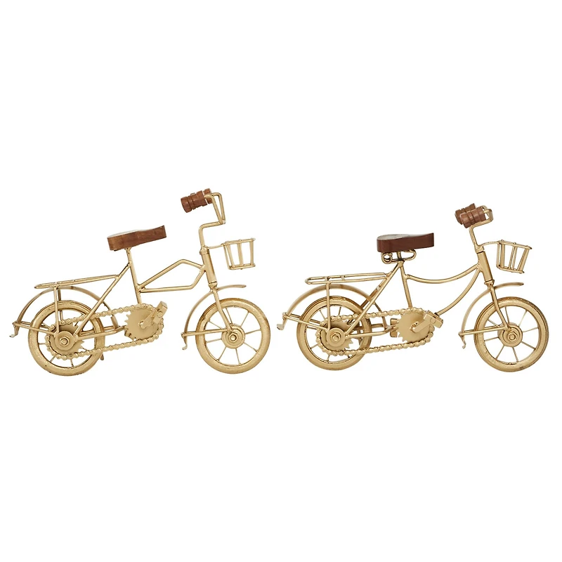 11" Gold Metal Bike Sculpture with Wood Accents Set
