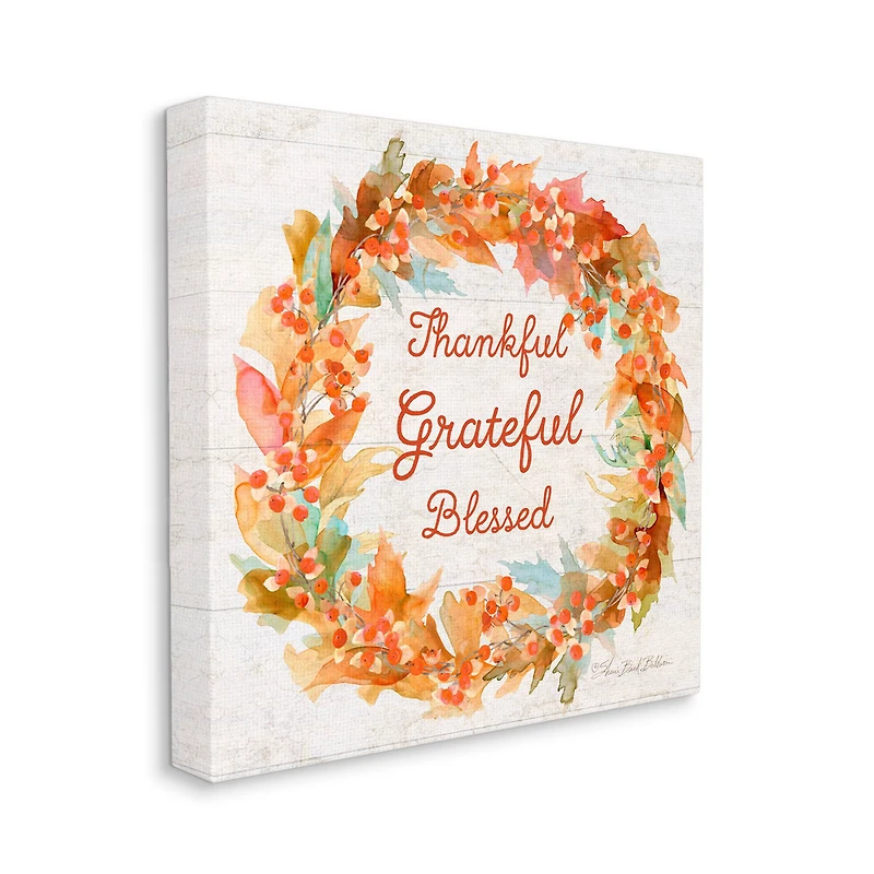 Stupell Industries Autumn Foliage Wreath Thankful Grateful Blessed Text Canvas Wall Art