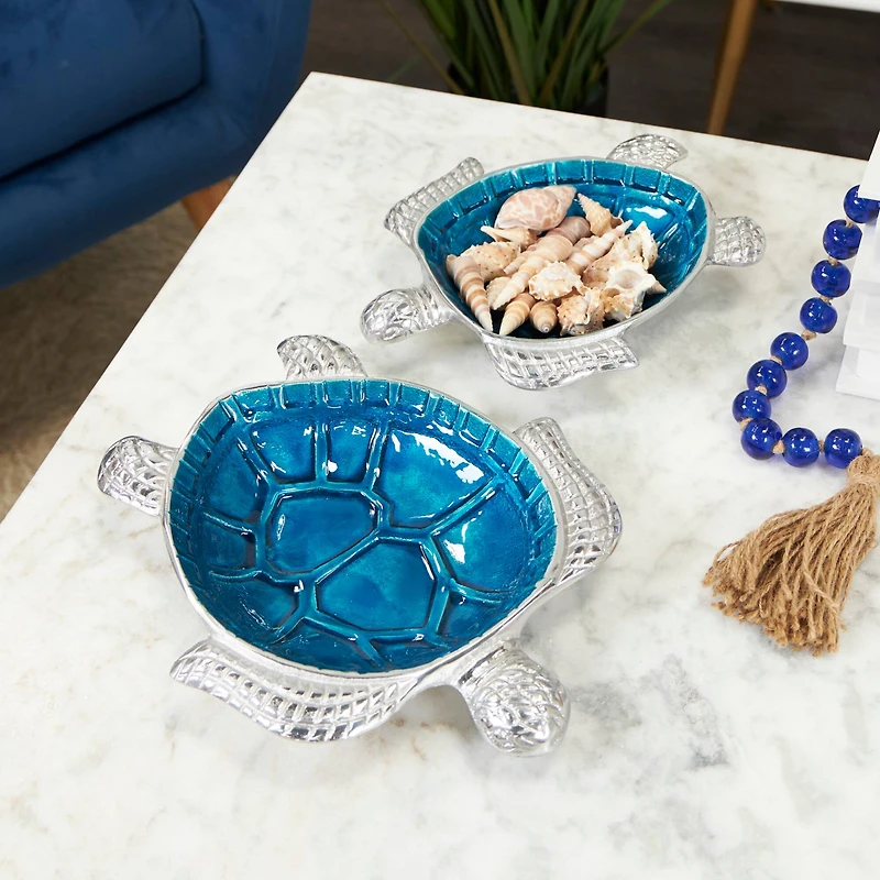 Blue Aluminum Metal Turtle Enameled Decorative Bowls, 2ct.