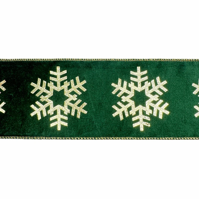 3.5" x 20ft. Green & Gold Snowflakes Wired Velvet Ribbon by Celebrate It®