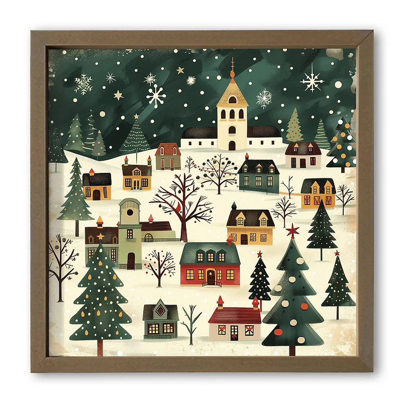 Retro Holiday Village 16" x 16" Brown Framed Print