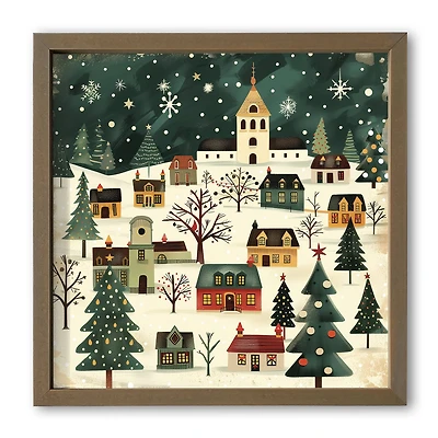 Retro Holiday Village 16" x 16" Brown Framed Print