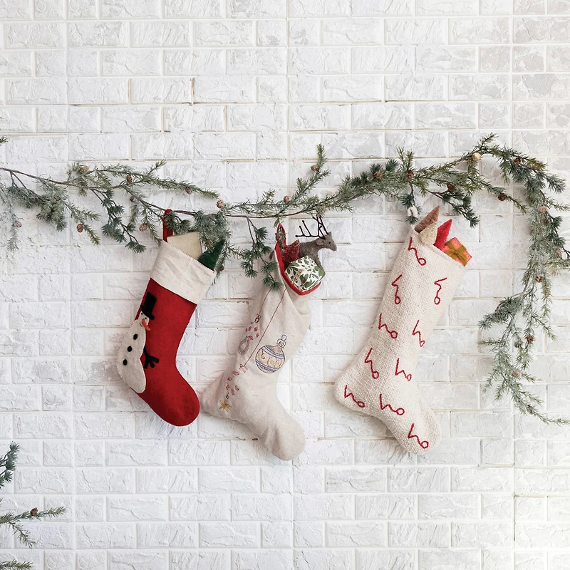 Hello Honey® 20" Natural White & Red Woven Cotton Stocking with Embroidered Ho Ho Ho Pattern