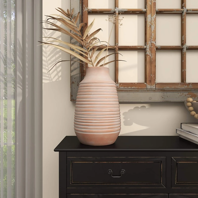 15" Pink Whitewashed Ribbed Terra Cotta Vase