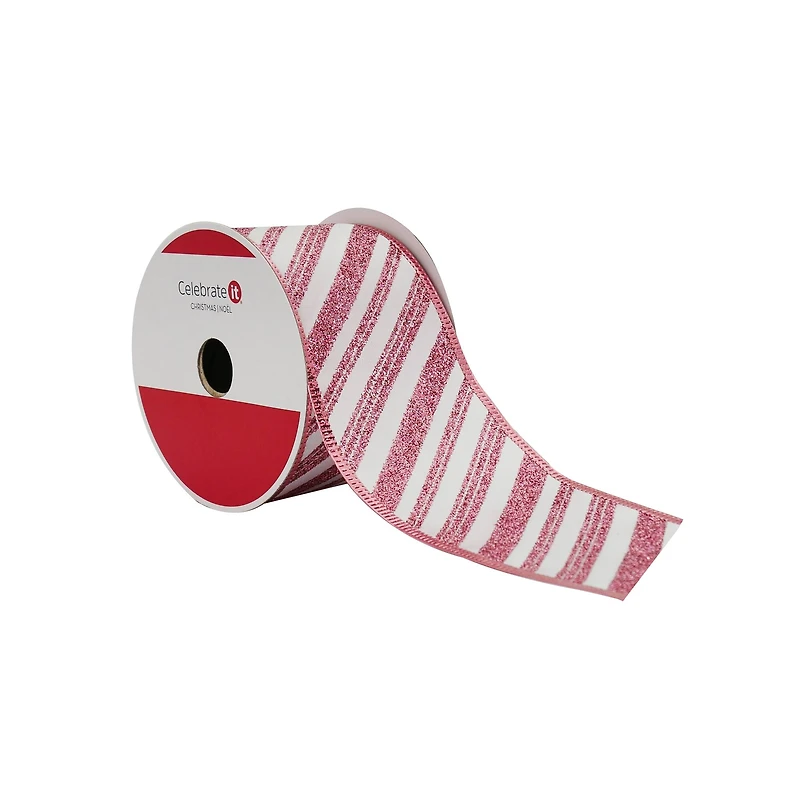 2.5" x 20ft. Pink Glitter Stripes Wired Taffeta Ribbon by Celebrate It®