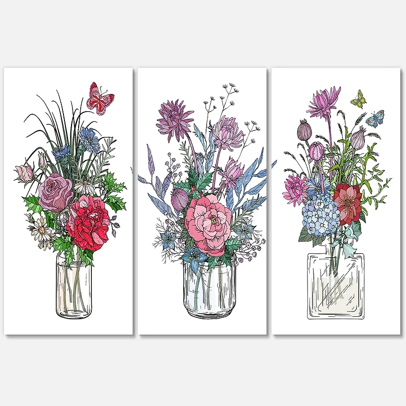 Designart - Bouquets of Wildflowers In Transparent Vases I