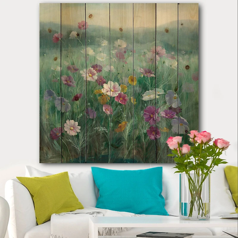 Designart - Flower field - Floral Farmhouse Print on Natural Pine Wood