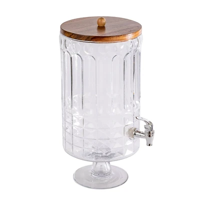Hello Honey 8-Quart Cut Glass Beverage Dispenser with Plastic Spout and Acacia Wood Lid, Silver Color and Natural