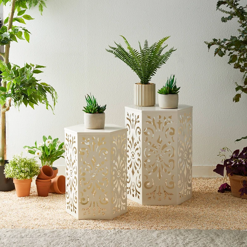 Glitzhome® White Floral Motif Hexagonal Garden Stool Set