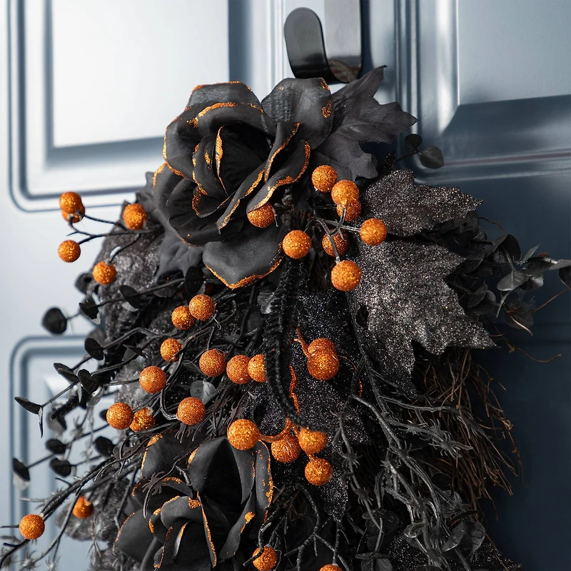 Glitzhome® 28"H Halloween Black Rose and Berry Swag with Hanger