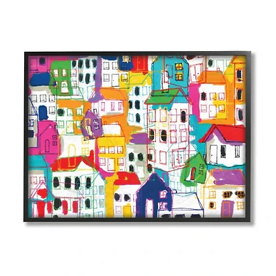 Stupell Industries Colorful Abstract Geometric Town Pattern with Black Frame Wall Accent