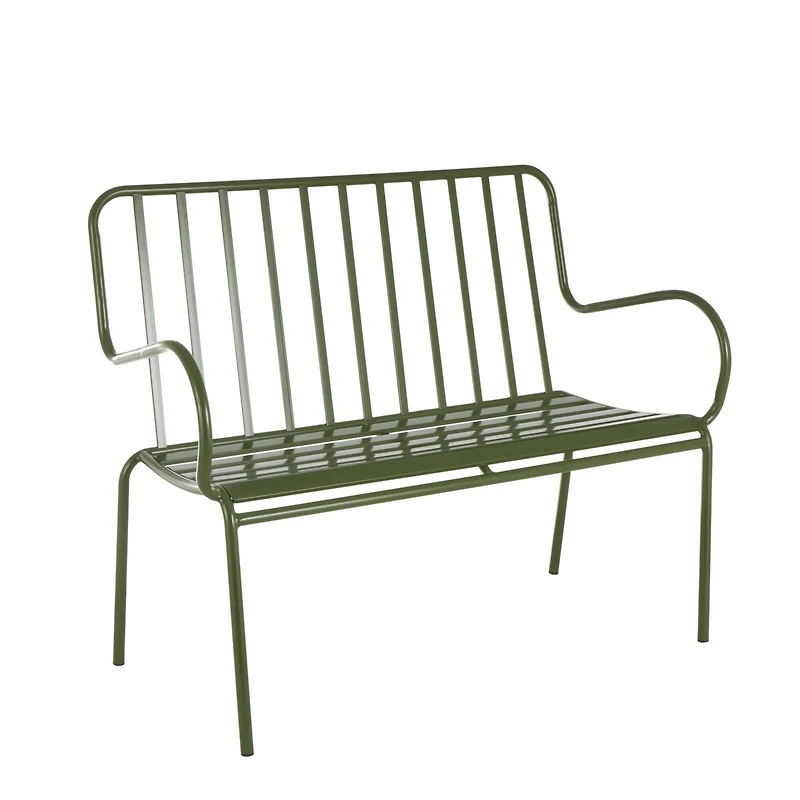 44.25" Green Metal Slatted Outdoor Bench with Curved Armrests