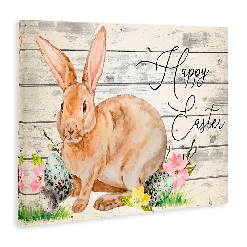 Stupell Industries Spring Floral Happy Easter Bunny Canvas Wall Art