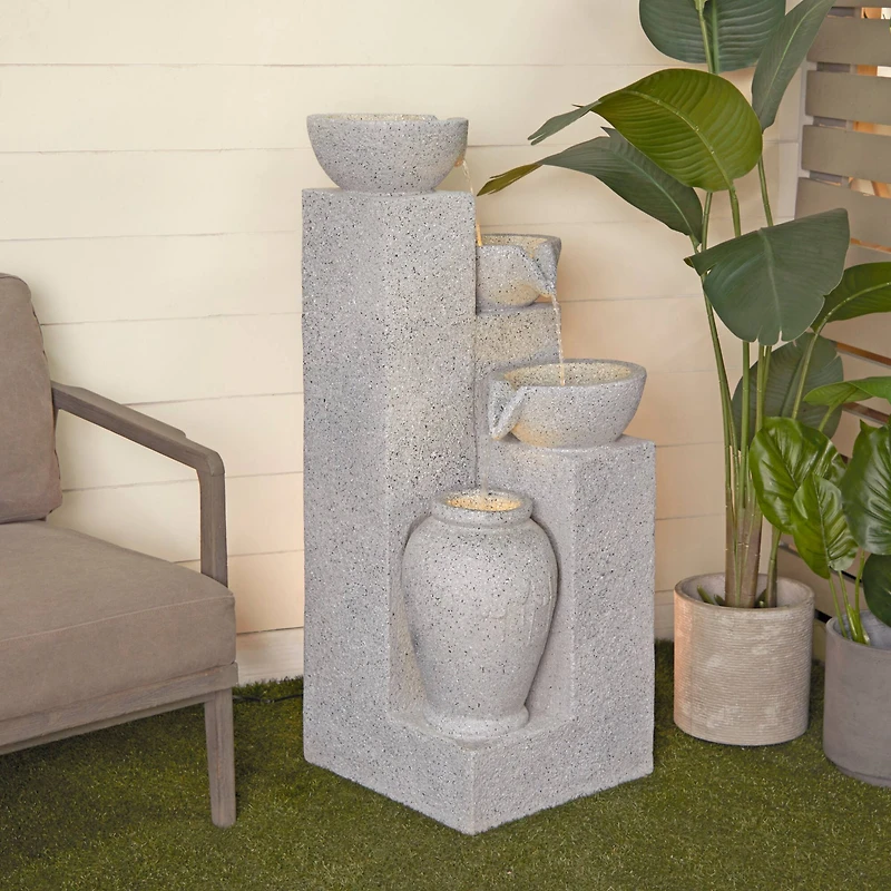 43.5" Light Gray Fiberglass 4-Tier Fountain with LED Light
