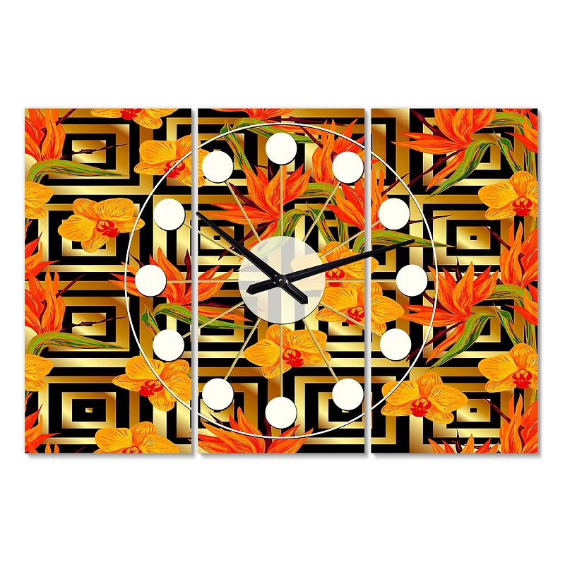 Designart 'Tropical Gold Luxury Pattern Iii Oversized Mid-Century Modern Multipanel Wall Clock