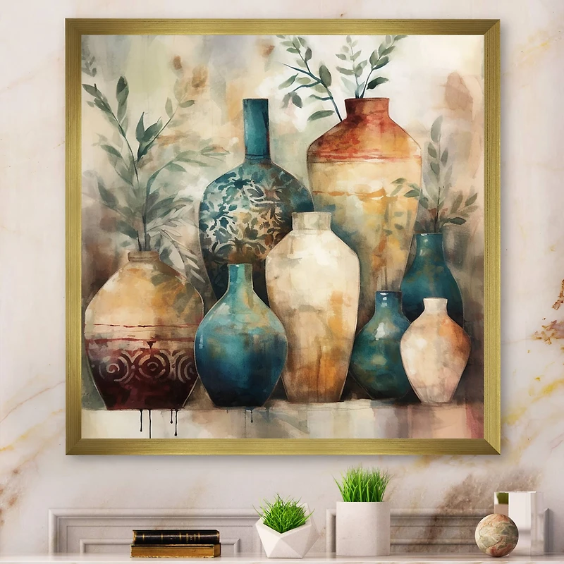 Designart "Green And Orange Artisanal Boho Pottery I" Boho Pottery Framed Canvas Art Print
