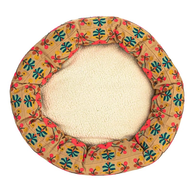Hello Honey® 24" Pink & Brown Round Cotton Embroidered Sherpa Pet Bed
