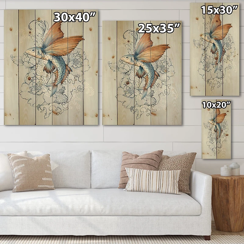 Designart - Flying Fish On Peonies - Traditional Print on Natural Pine Wood