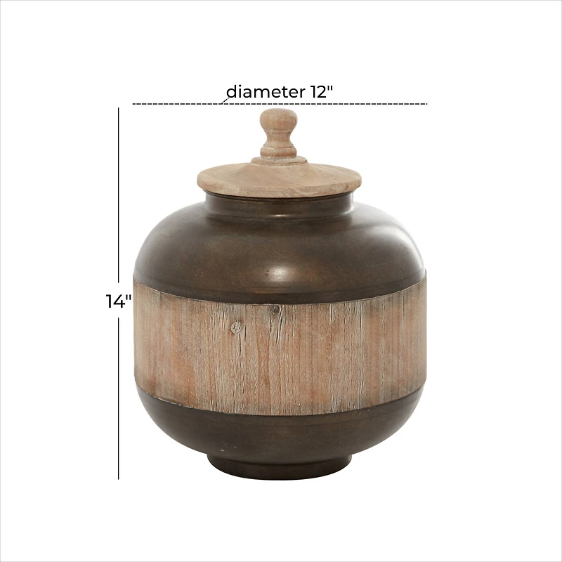14" Brown Metal & Wood Rustic Jar