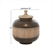 14" Brown Metal & Wood Rustic Jar
