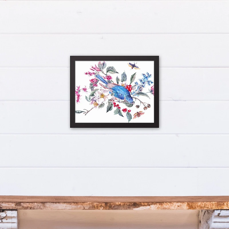 Floral Bird on Branch 11" x 14" Black Framed Canvas
