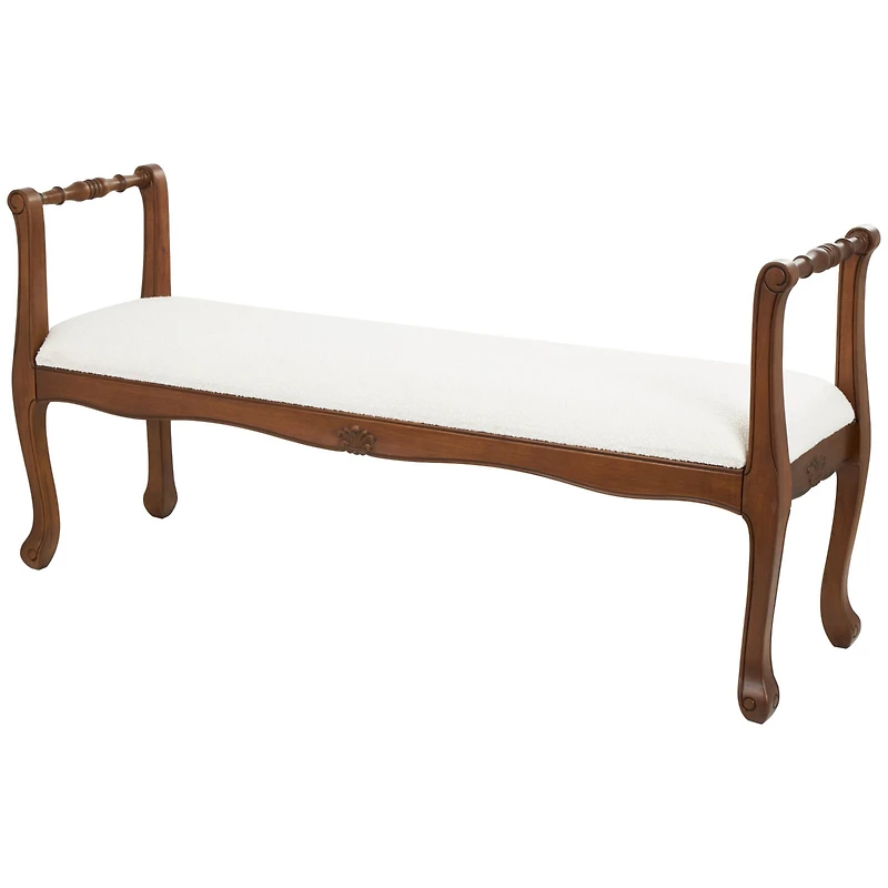 55" Cream Fabric Arm Bench with Brown Traditional Wood Turned Legs