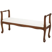 55" Cream Fabric Arm Bench with Brown Traditional Wood Turned Legs