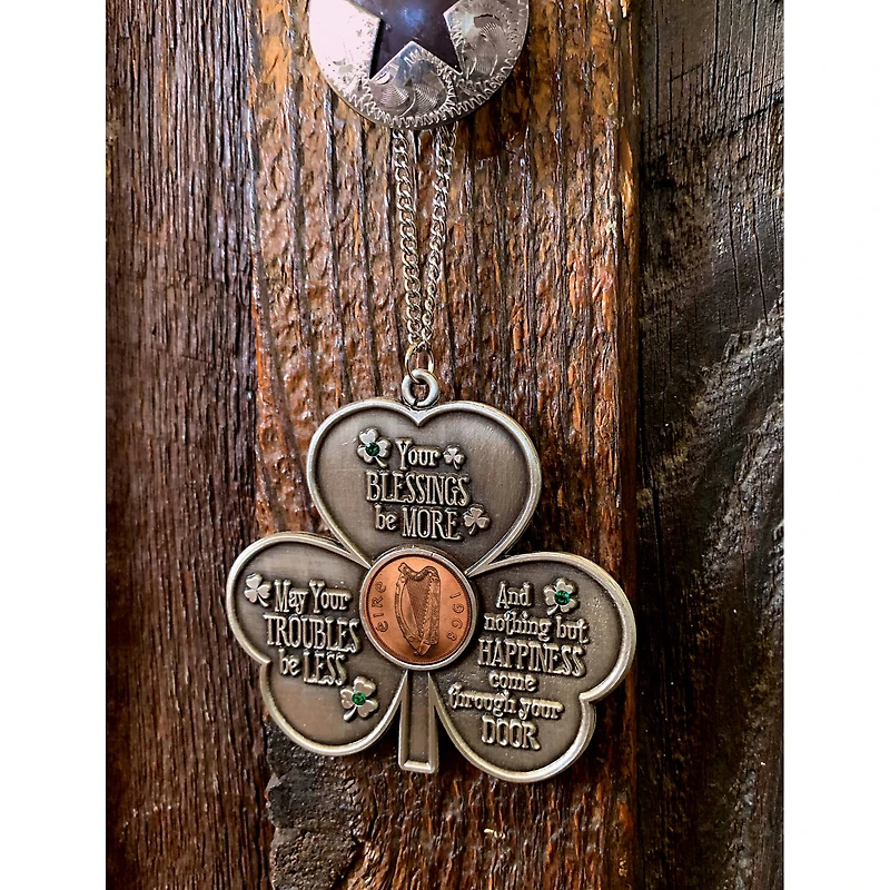 Shamrock Irish Penny House Blessing With Emerald Green Glass Stones