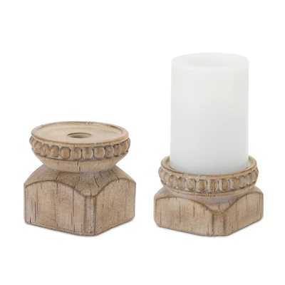 Beaded Wood Design Candle Holder Set, 3" & 4"