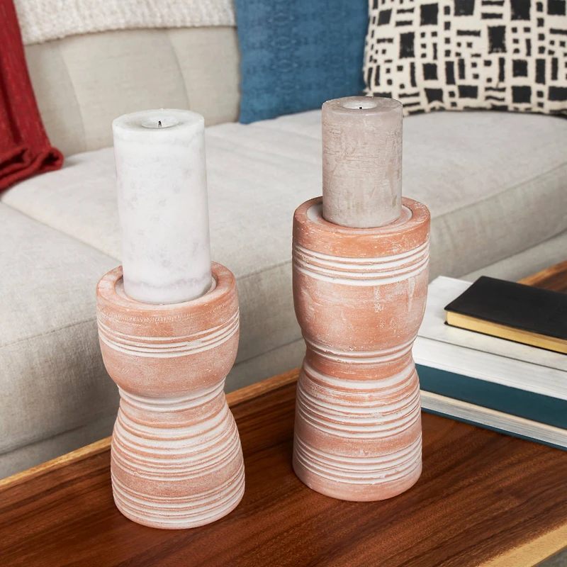 Whitewashed Ribbed Terracotta Candle Holder Set