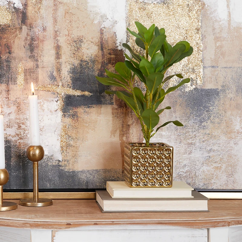 15" Glam Style Evergreen Artificial Foliage in Gold Porcelain Pot