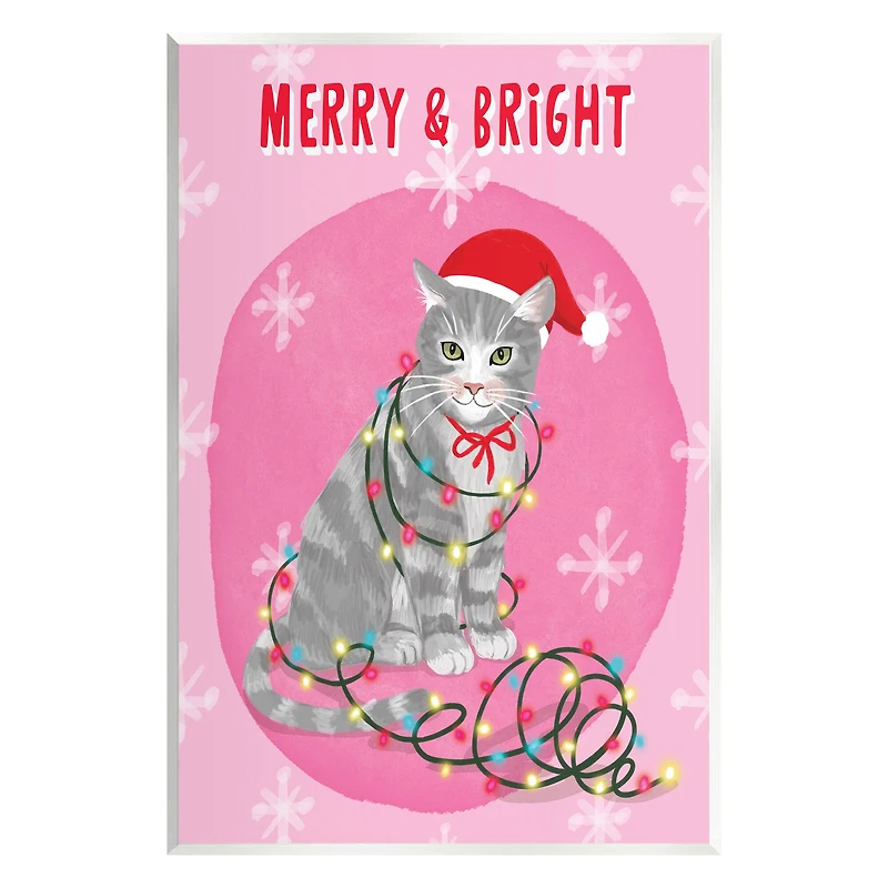 Stupell Industries Merry & Bright Christmas Cat Lights Wall Plaque Art