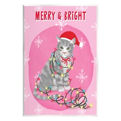 Stupell Industries Merry & Bright Christmas Cat Lights Wall Plaque Art