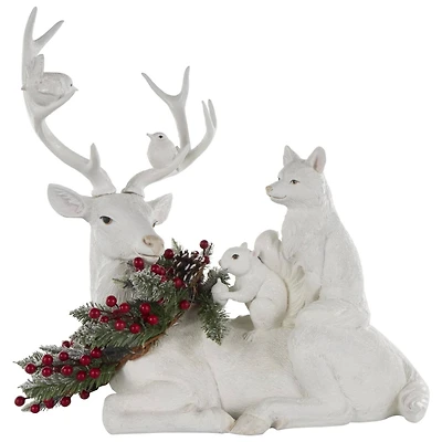23" White Reindeer with Woodland Animals Sculpture