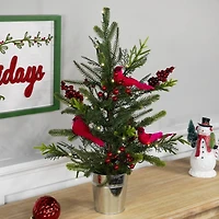2ft. Pre-Lit Potted Mixed Pine, Berry & Cardinals Christmas Tree, Warm White LED Lights