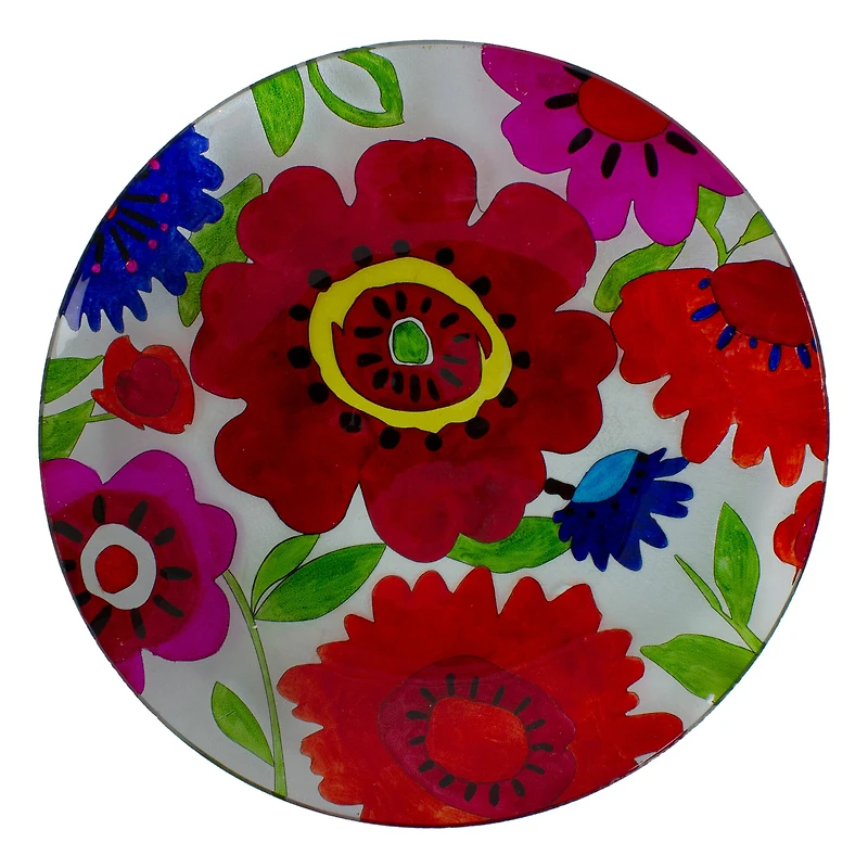 18'' Red and Blue Summer Flowers Hand Painted Glass Birdbath