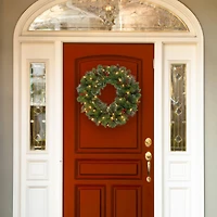 30" Crestwood® Spruce Wreath with Cones, Red Berries, Glitter & 70ct. Warm White Battery Operated LED Lights with Timer