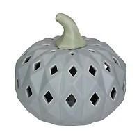 5" Gray & Green Lighted Fall Harvest Ceramic Pumpkin
