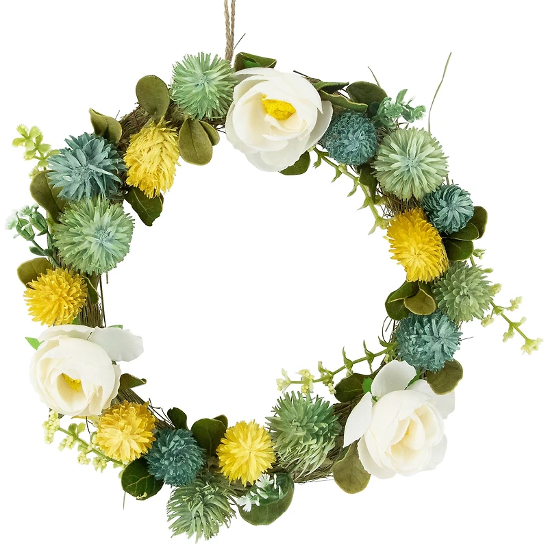 9" Cream Rose, Green & Yellow Thistle Hanging Spring Wreath