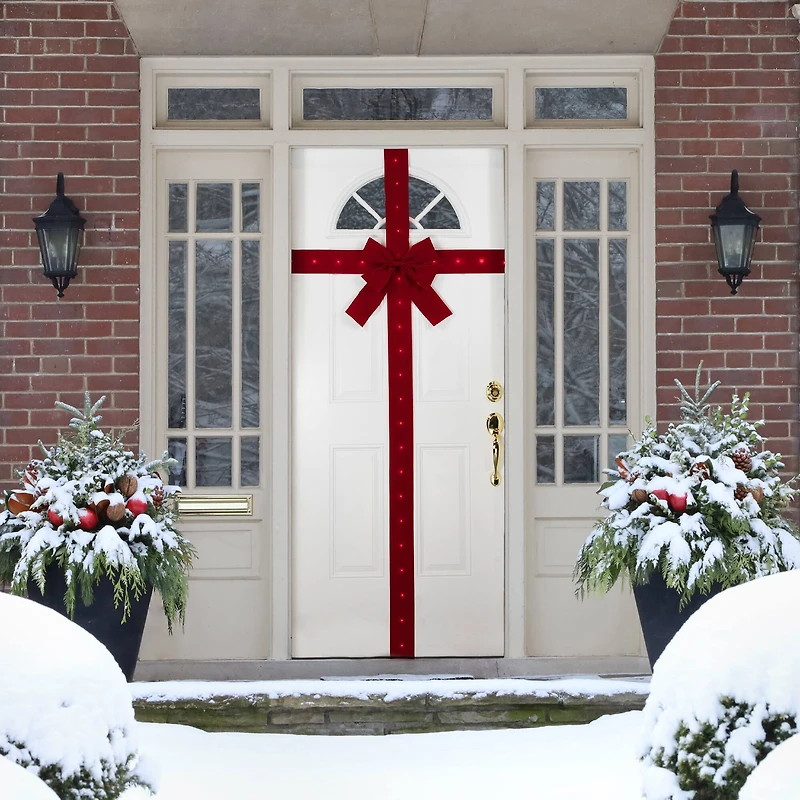 14ft. Pre-Lit Battery Operated Red Velvet Christmas Door Bow
