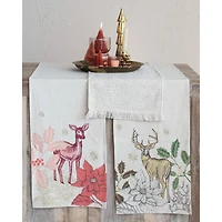Hello Honey® 72" Green & Natural Cotton & Linen Printed Table Runner with Flora & Fauna Pattern and Metallic Gold Thread Embroidery