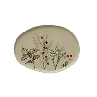 Hello Honey® 13.75" Oval Holiday Botanical Debossed Crackle Glaze Stoneware Platter