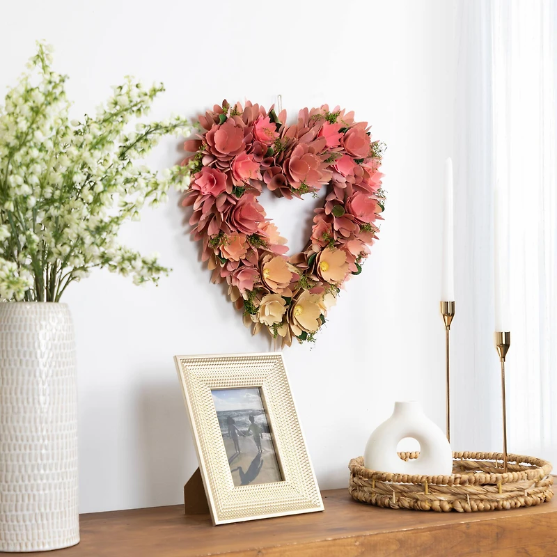 15" Pink & Yellow Mixed Floral Artificial Valentine's Day Heart Wreath