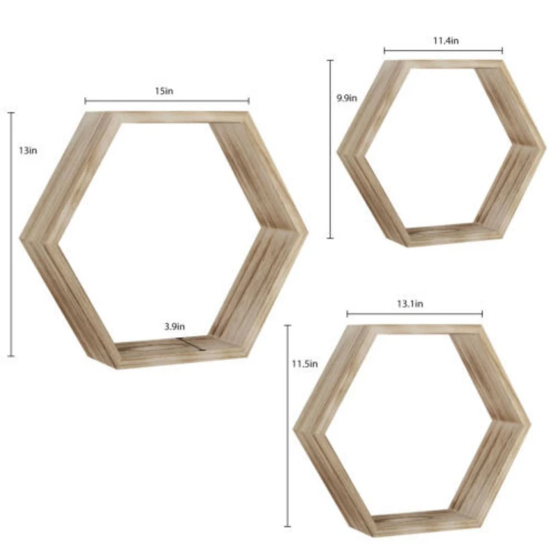 Rustic Brown Floating Hexagonal Shelf Set