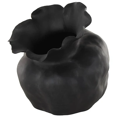 12.75" Black Ceramic Abstract Wide Rounded Floral Shaped Decorative Vase with Petal Rim