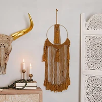Brown Fabric Intricately Weaved Macrame Wall Decor with Beaded Fringe Tassels 10" x 1" x 38"