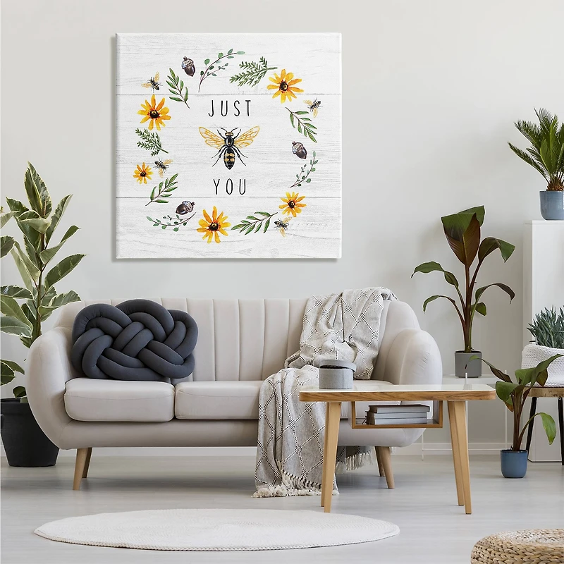 Stupell Industries Just Bee You Pun Phrase Yellow Daisy Wreath Canvas Wall Art