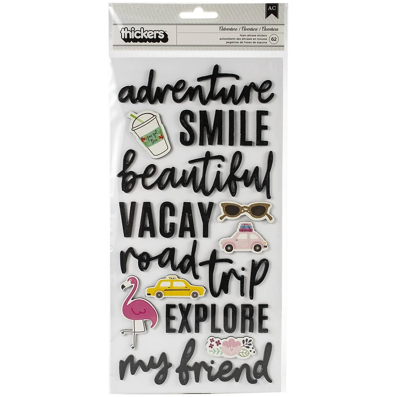 American Crafts™ Chasing Adventures Thickers™ Phrase & Icon Black Foam Stickers