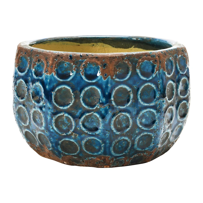 Hello Honey® 7" Distressed Blue Embossed Terra Cotta Planter with Circle Pattern