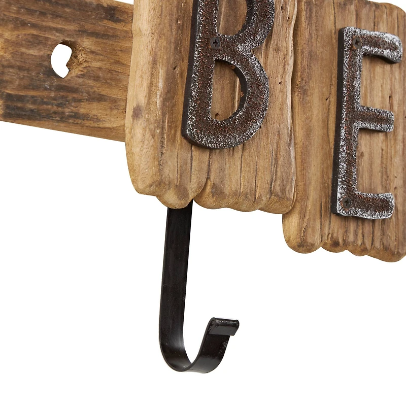 27" x 10" Brown Wood Handmade Live Edge Beach Sign 3 Hanger Wall Hook with Metal Accents